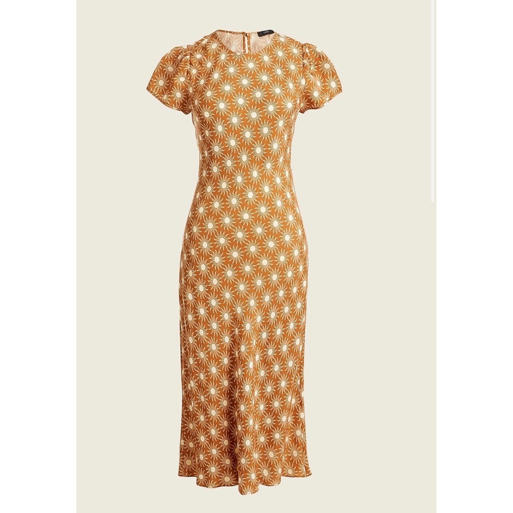 J.Crew Brown Sun Print Cupro Blend Puff Sleeve Midi Dress Size 10